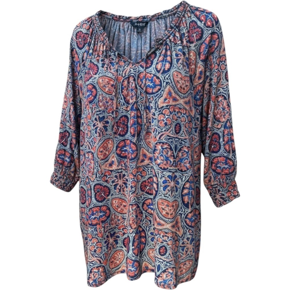 Lucky Brand Blue Orange Paisley Floral Peasant Blouse Top 2X Cotton Modal
